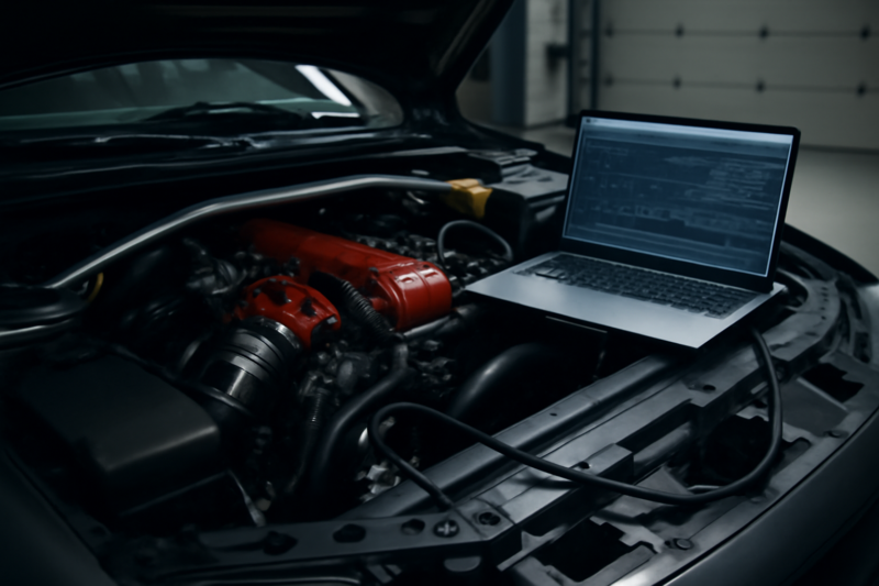 Laptop verbonden met ECU van een sportauto in een garageworkshop voor chip tuning