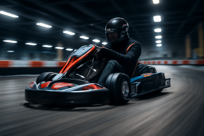 Racingkart in volle vaart door een bocht op een kartcircuit tijdens training