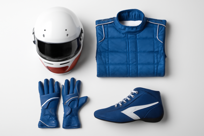 Compleet racepak met helm, overall, handschoenen en schoenen op witte achtergrond