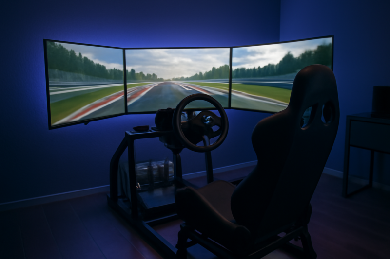 Thuisopstelling van een racesimulator met stuur, pedalen en triple-screen monitors
