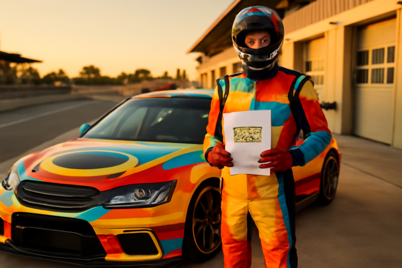 Coureur met sponsorvoorstel naast een raceauto op de pitlane bij een circuit