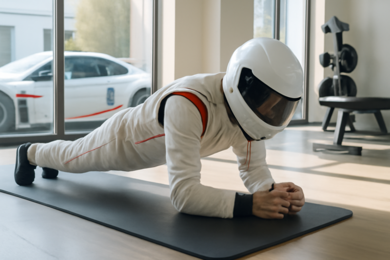 Amateurcoureur traint zijn core in een sportschool als voorbereiding op een trackday