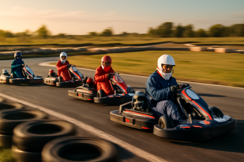 Volwassen kartrijders in racepakken op een outdoor kartcircuit in Nederland