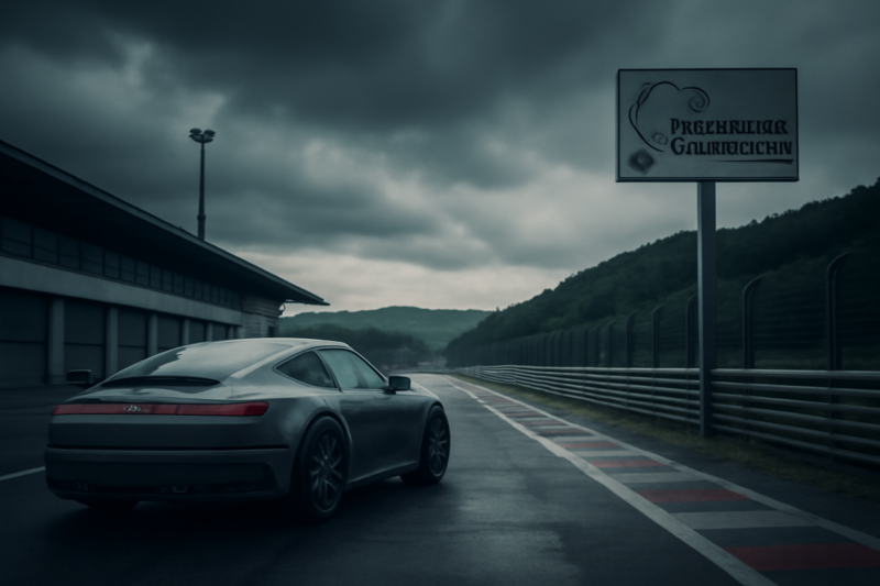 Sportwagen bij de ingang van de Nürburgring Nordschleife pit lane op bewolkte dag