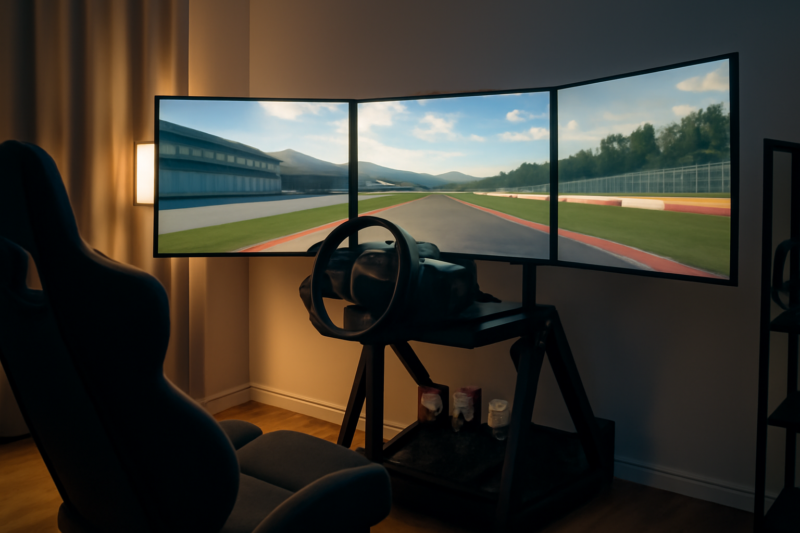 Complete racesimulator setup met stuurwiel, pedalen en drie monitoren in een thuisomgeving