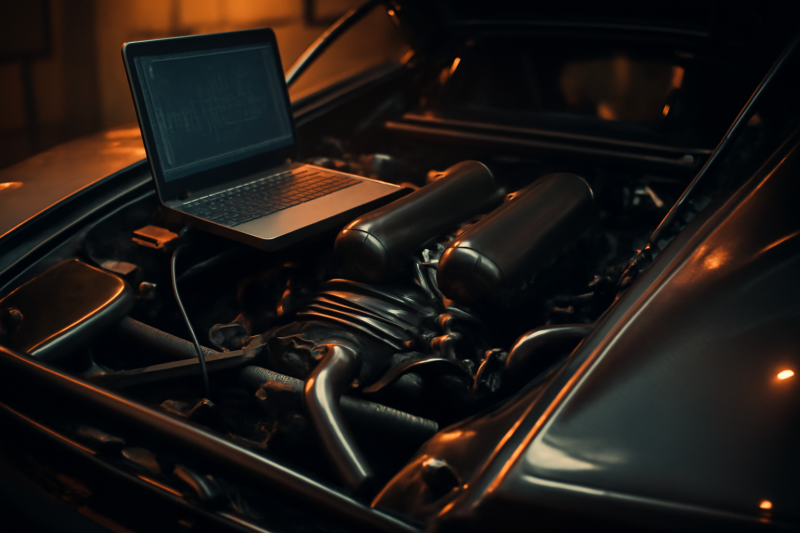 Motorruimte van een supercar aangesloten op een laptopdiagnostiek voor chip tuning