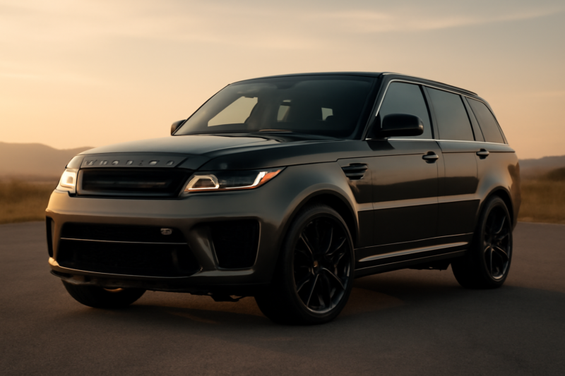 Tweedehands Range Rover SVR in donkergrijs geparkeerd op een verlaten weg bij zonsondergang